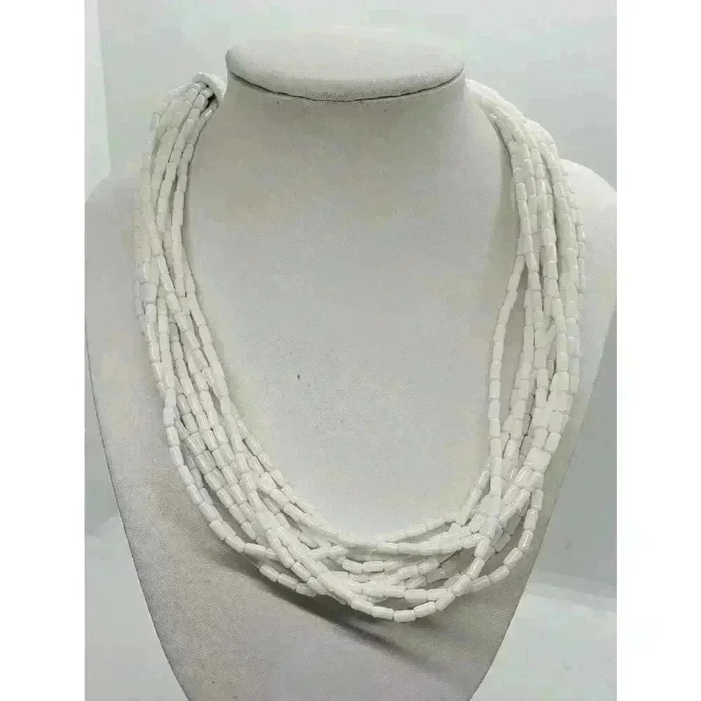 TRIFARI Multi-Strand Milk Glass Tube Beads Necklace Signed Rare Bead Shape VTG